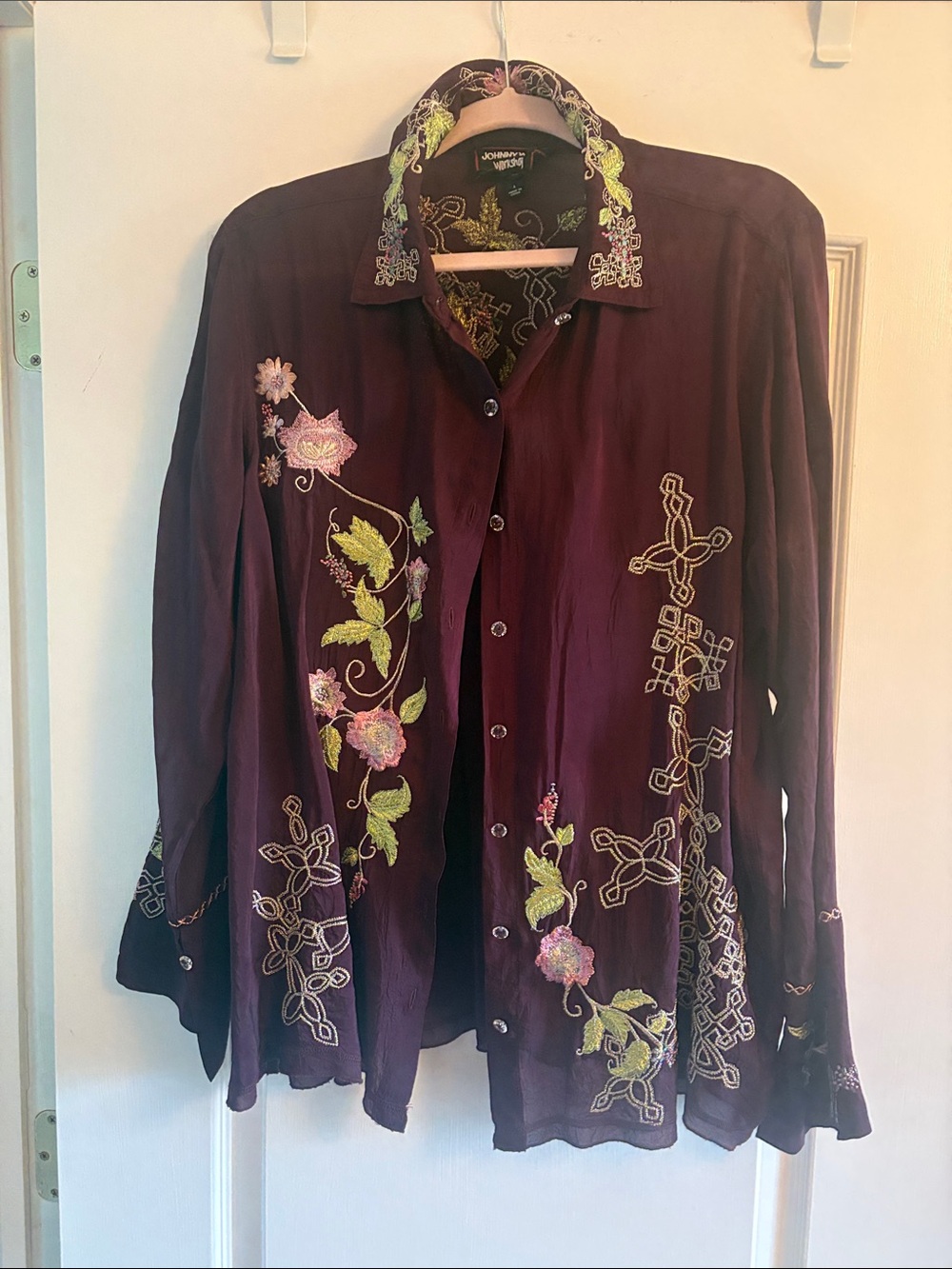Johnny Was Plum Embroidered Floral Button-Front Top